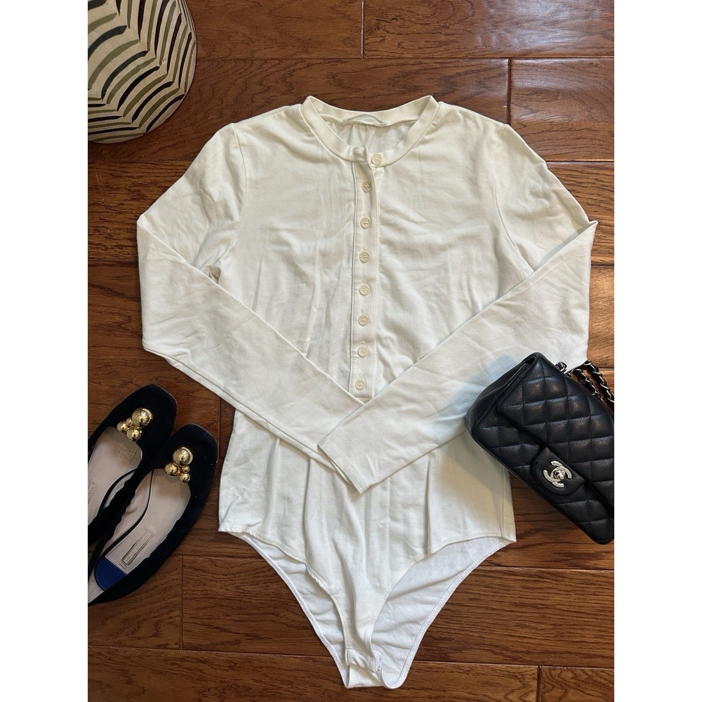 Reformation Jeans Womens M Organic Cotton Henley Nisa Bodysuit Cream